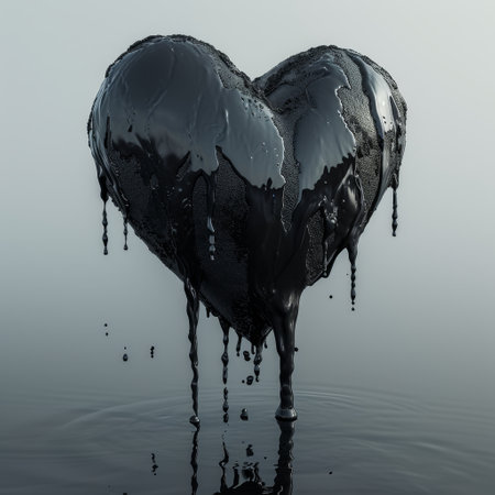 Black liquid heart melting on a reflective surfaceの素材