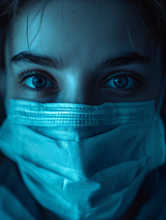 Close-up of a person's eyes with a medical maskの素材
