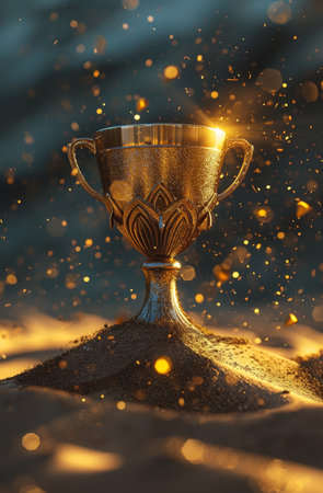 Golden trophy cup shining with sparkles on sandy surfaceの素材