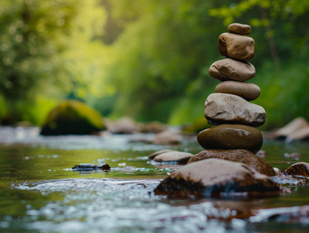 Zen stones stacked by a tranquil riverの素材