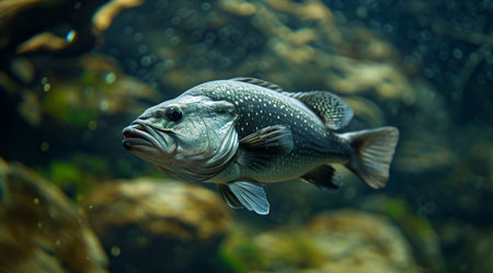 Underwater view of a single fish swimming in the oceanの素材