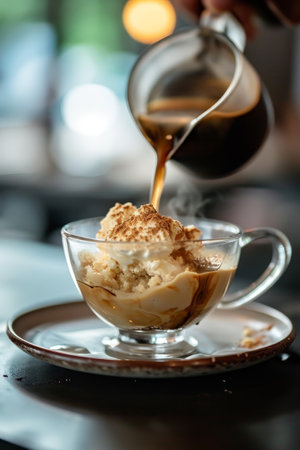 Pouring coffee over ice cream in a glass cupの素材