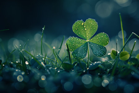 Dew-covered four-leaf clover shining in the morning lightの素材