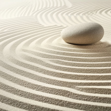 Zen stone on raked sand with circular patternsの素材