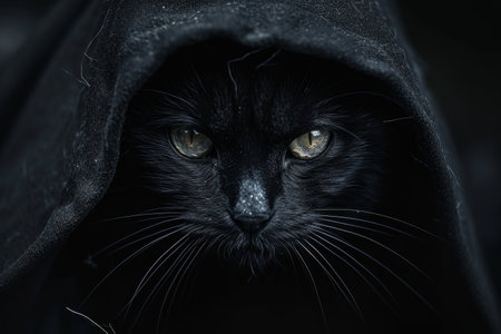Black cat in a hood. Black cat on a black background.の素材