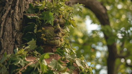 Moss-covered face sculpture blended with tree and leavesの素材