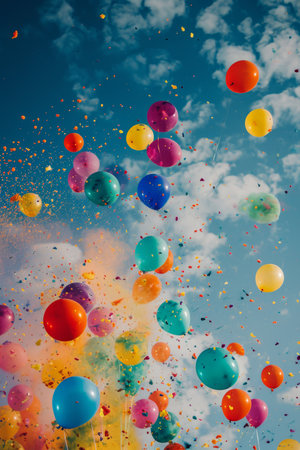 Colorful balloons soaring into a vibrant sky with confettiの素材