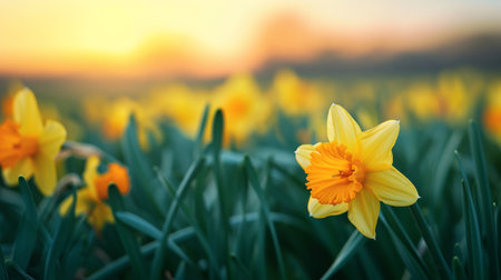 Vibrant daffodil in full bloom against a sunset backdropの素材