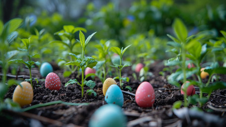 Colorful Easter eggs hidden among spring seedlings in a gardenの素材