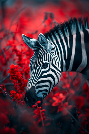 Zebra amidst vibrant red foliageの素材