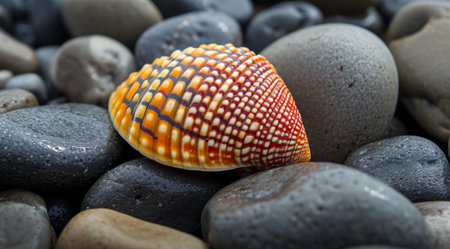 Colorful seashell on a bed of smooth pebblesの素材
