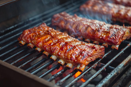 Juicy BBQ Ribs Cooking on a Grillの素材