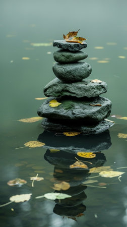 Zen stones in calm water with autumn leavesの素材