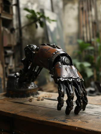 Futuristic robotic hand resting on a wooden tableの素材