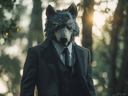 Mysterious person in a wolf mask dressed in a suit standing in the forestの素材