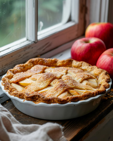 Freshly Baked Apple Pie on a Wooden Table by the Windowの素材