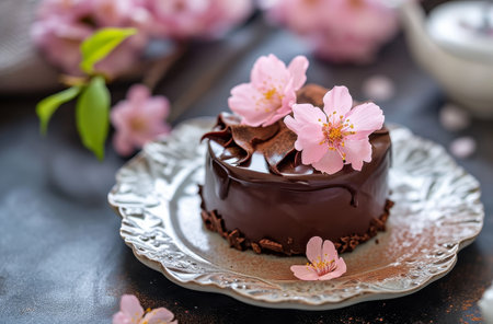 Elegant Chocolate Dessert Garnished with Pink Flowersの素材