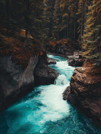 Serene River Flowing Through a Forested Canyonの素材