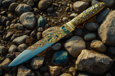 Ornate dagger on a rocky surfaceの素材