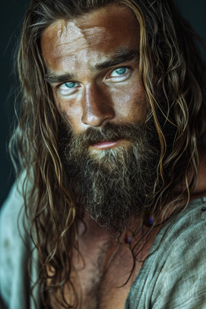 Portrait of a rugged man with intense eyesの素材