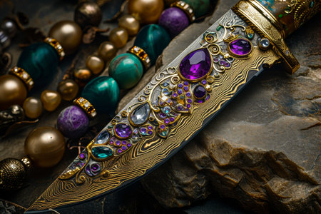 Elegant vintage jewelry with precious stones on a textured backgroundの素材