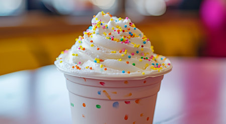 Colorful Sprinkles on Whipped Cream Topping a Cup of Dessertの素材