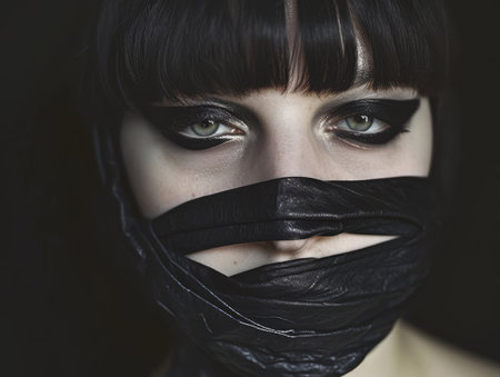 Portrait of a woman with dramatic makeup and covered mouthの素材