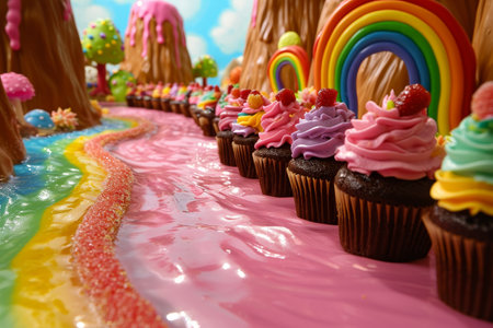 Colorful cupcakes on a whimsical candy landscapeの素材