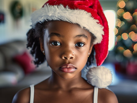 Young child in Santa hat with a thoughtful expressionの素材