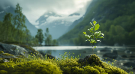 Young sapling growing in a serene mountain landscapeの素材