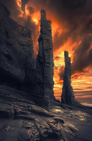 Majestic rock formations against a dramatic sunset skyの素材