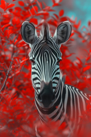 Zebra standing amidst vibrant red foliageの素材