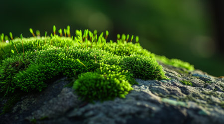 Lush green moss thriving on a forest rockの素材