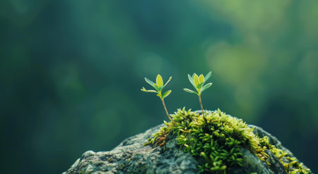 Young Plant Sprouting on a Mossy Rock with a Soft Green Backgroundの素材