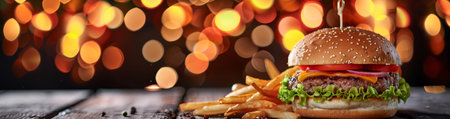 Delicious burger with fries on wooden table against bokeh lightsの素材