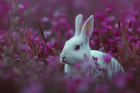 White rabbit hiding in a field of purple flowersの素材