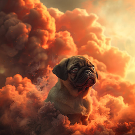 Pug dog amidst dramatic clouds and sunsetの素材