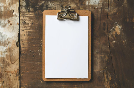 Blank clipboard on a wooden backgroundの素材