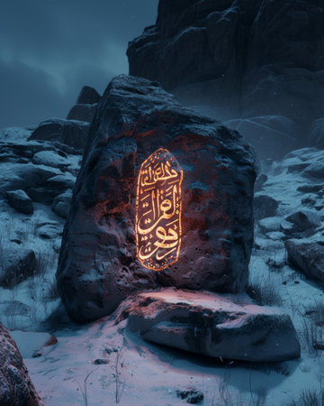 Mystical glowing runes on a stone in a snowy landscape at nightの素材