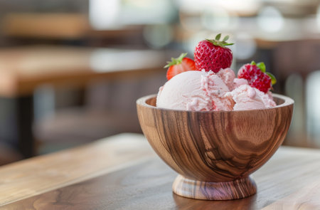 Delicious Strawberry Ice Cream in Wooden Bowl on Tableの素材