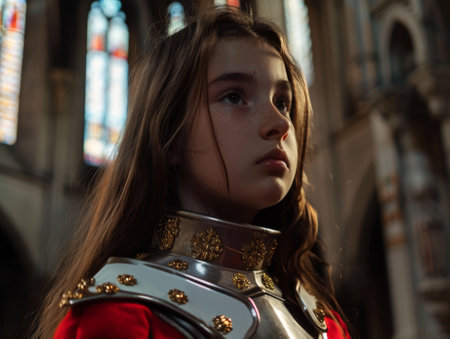 Young woman in historical armor looking thoughtfulの素材