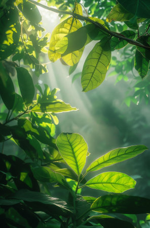 Sunlight filtering through green leaves in a tranquil forestの素材
