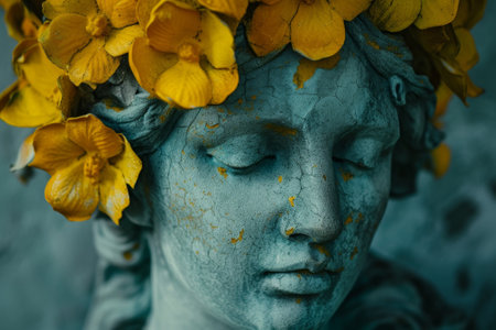 Statue with yellow flowers crown depicting serene beautyの素材