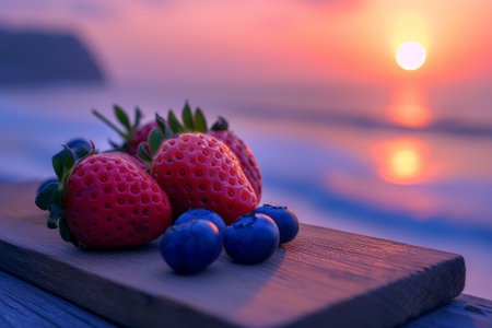 Fresh berries on a wooden board at sunsetの素材