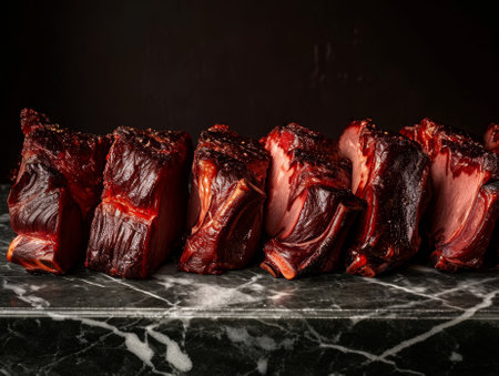 Juicy smoked ribs lined up on a marble surfaceの素材