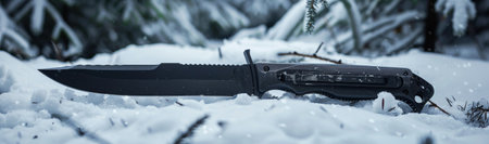Tactical knife on snowy groundの素材