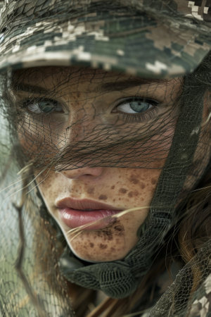 Close-up of a woman in camouflage with intense gazeの素材
