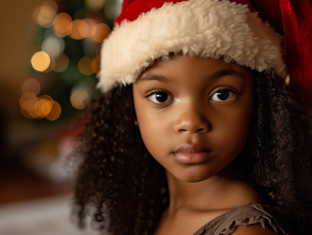 Young girl in Santa hat with a thoughtful expressionの素材