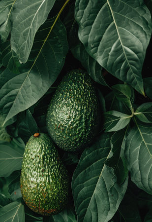 Fresh avocados nestled among green leavesの素材