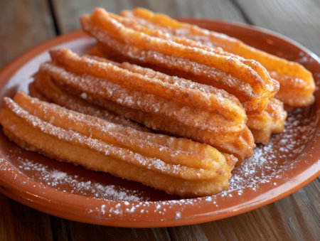 Plate of Freshly Made Churros with Sugar Coatingの素材